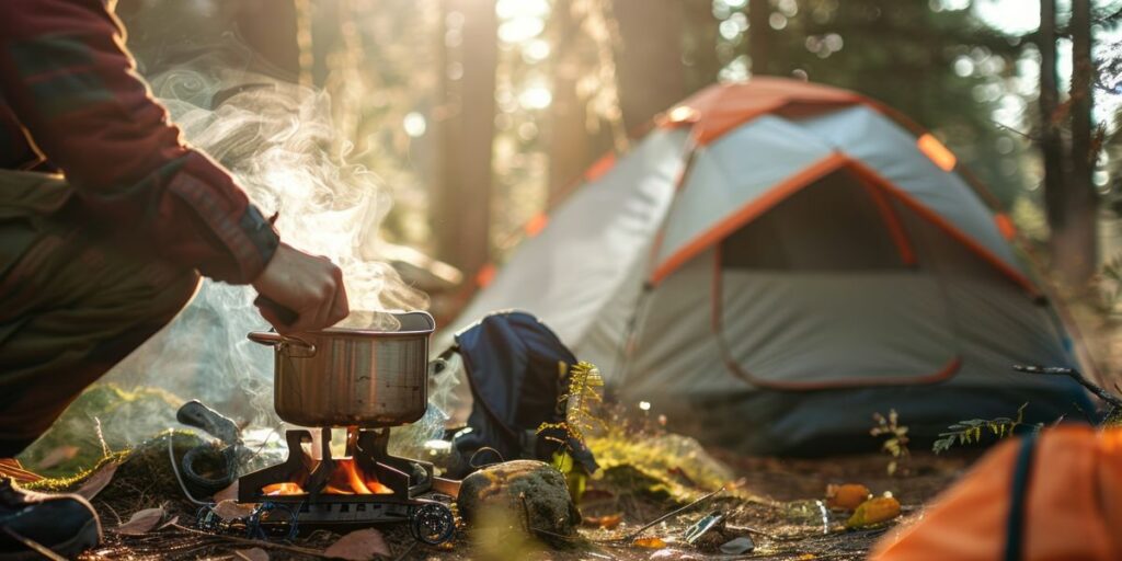 A person cooking in a pot on a portable stove in a forest setting, with camping gear around and a tent in the background. AI generative